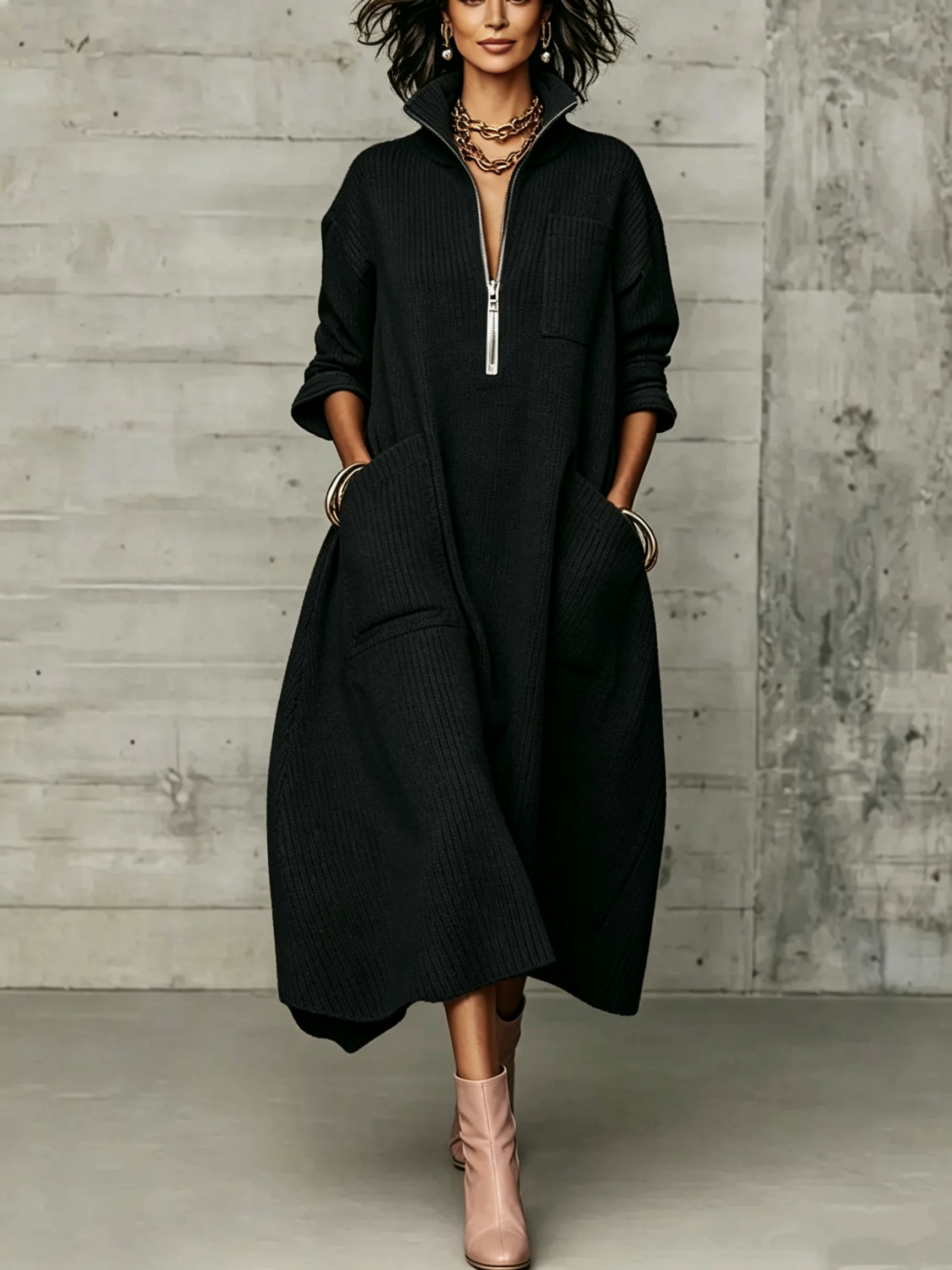 Elegant Quarter-zip High Collar Oversized Knit Midi Dress