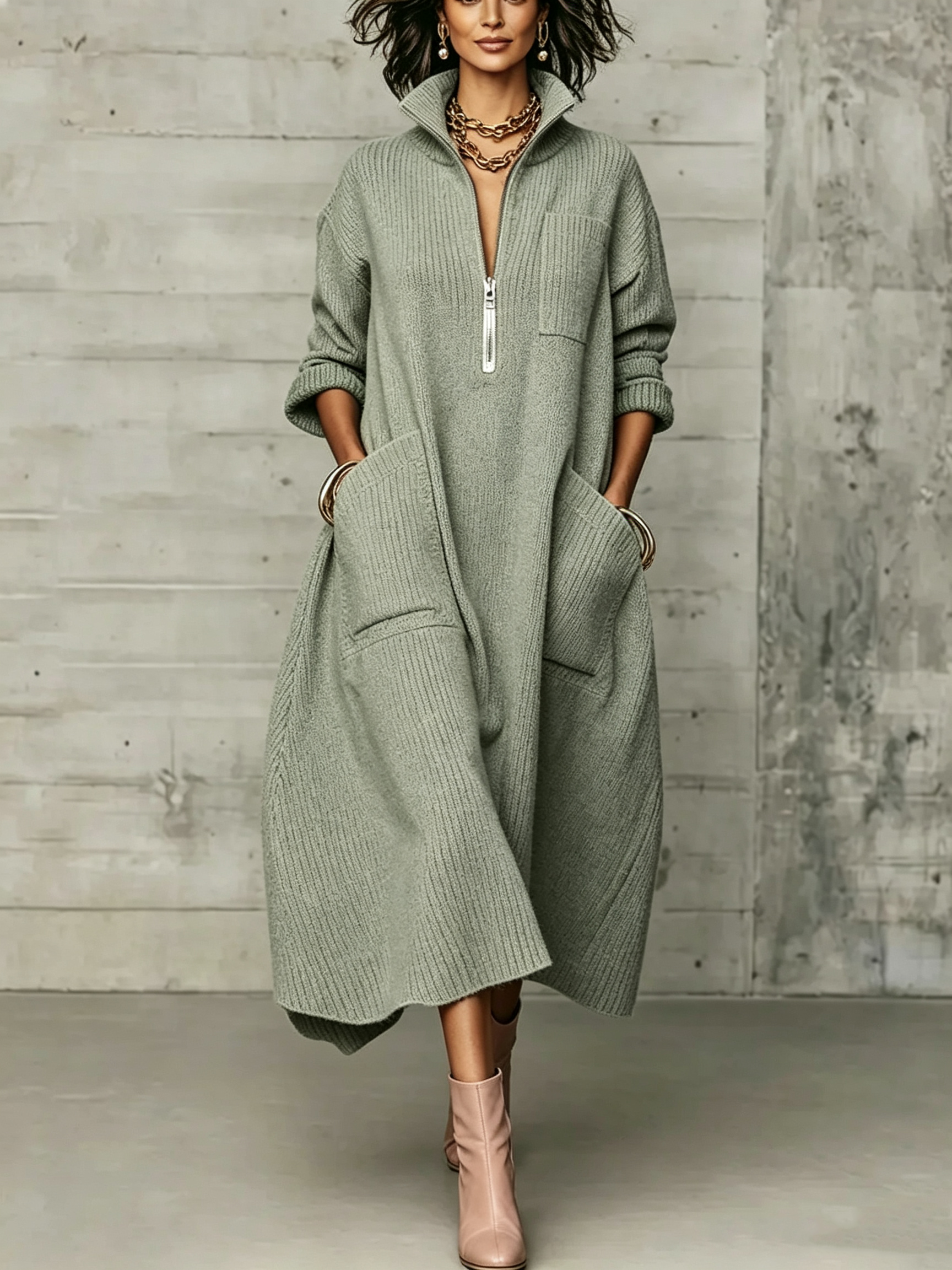 Elegant Quarter-zip High Collar Oversized Knit Midi Dress