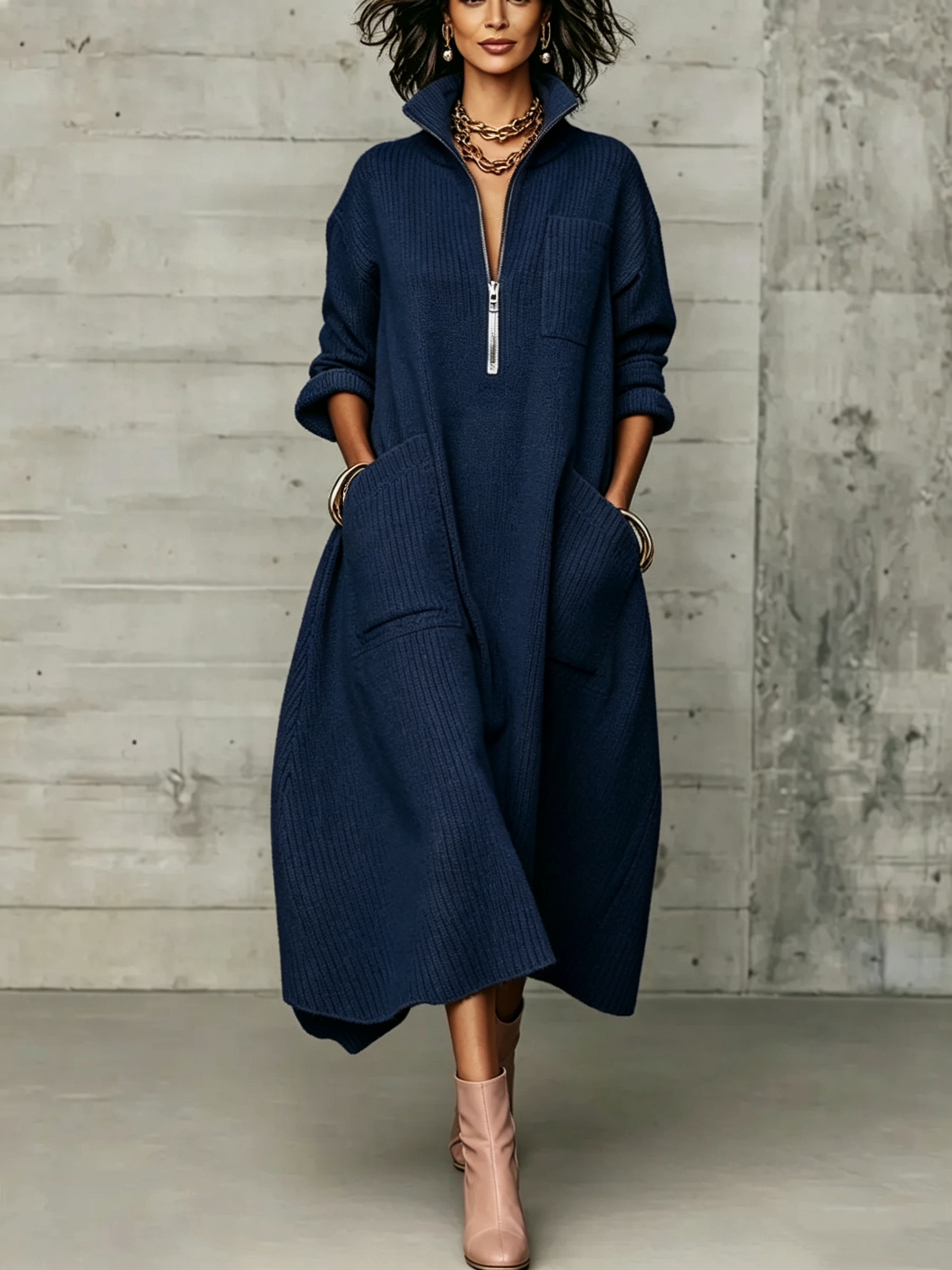 Elegant Quarter-zip High Collar Oversized Knit Midi Dress