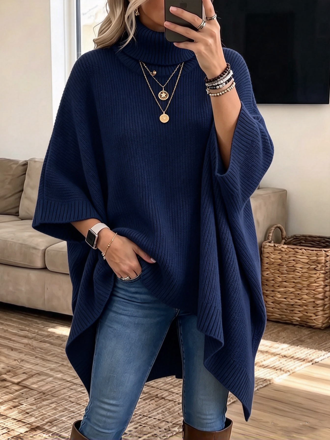 Women's Solid Color High-neck 3/4 Sleeve Casual Loose Knit Top (high-low Hem)