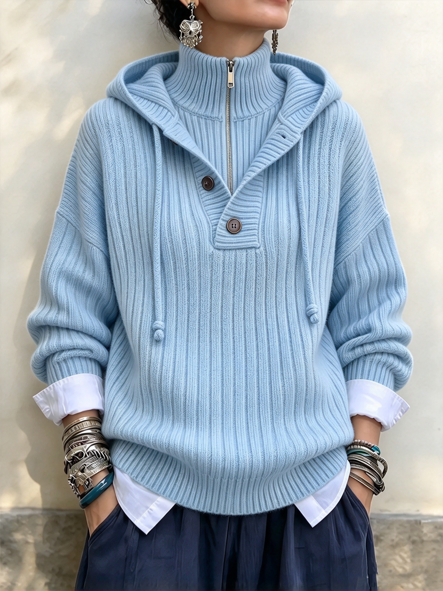 Sunlit Ribbed Knit Hooded Half-Zip Pullover