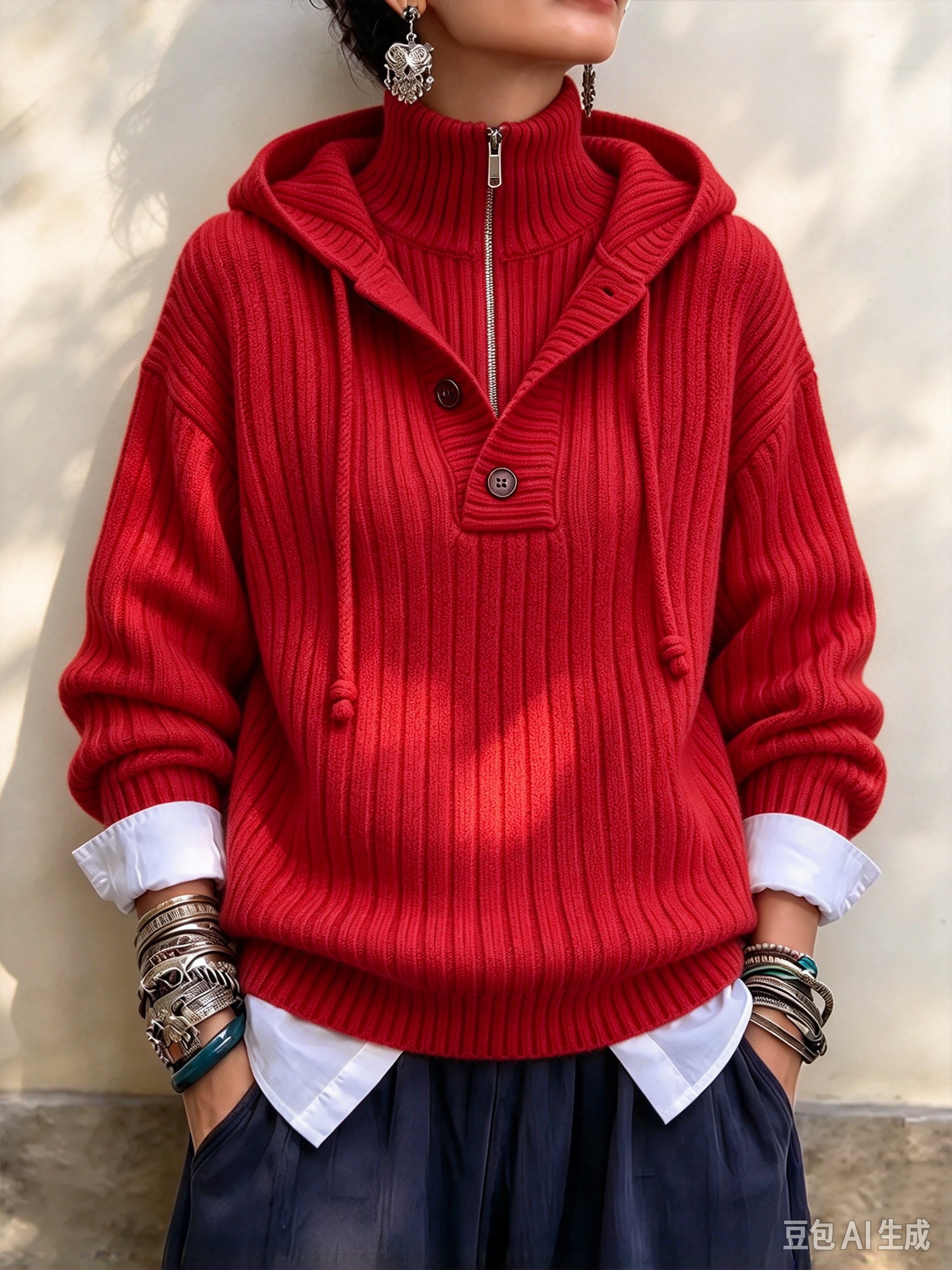 Sunlit Ribbed Knit Hooded Half-Zip Pullover
