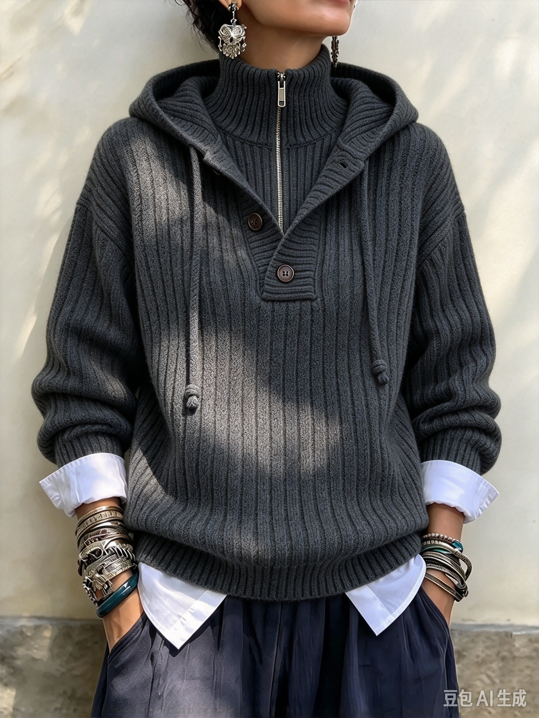 Sunlit Ribbed Knit Hooded Half-Zip Pullover