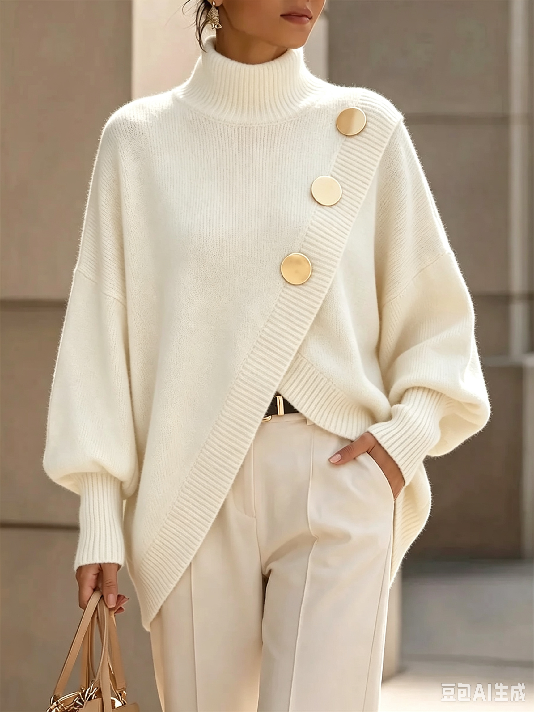 Elegant Asymmetrical Gold-Button Knit Sweater