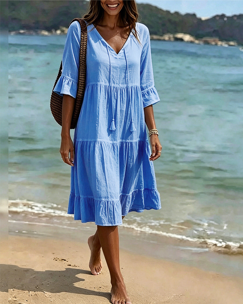 Flared Half Sleeve Tie Waist Dress