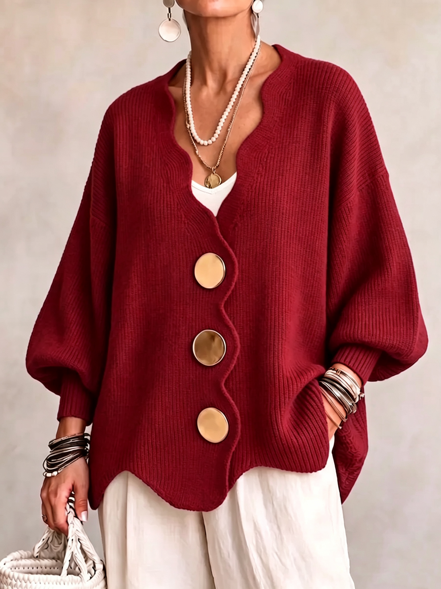 Relaxed Royal Blue Scalloped V-Neck Cardigan