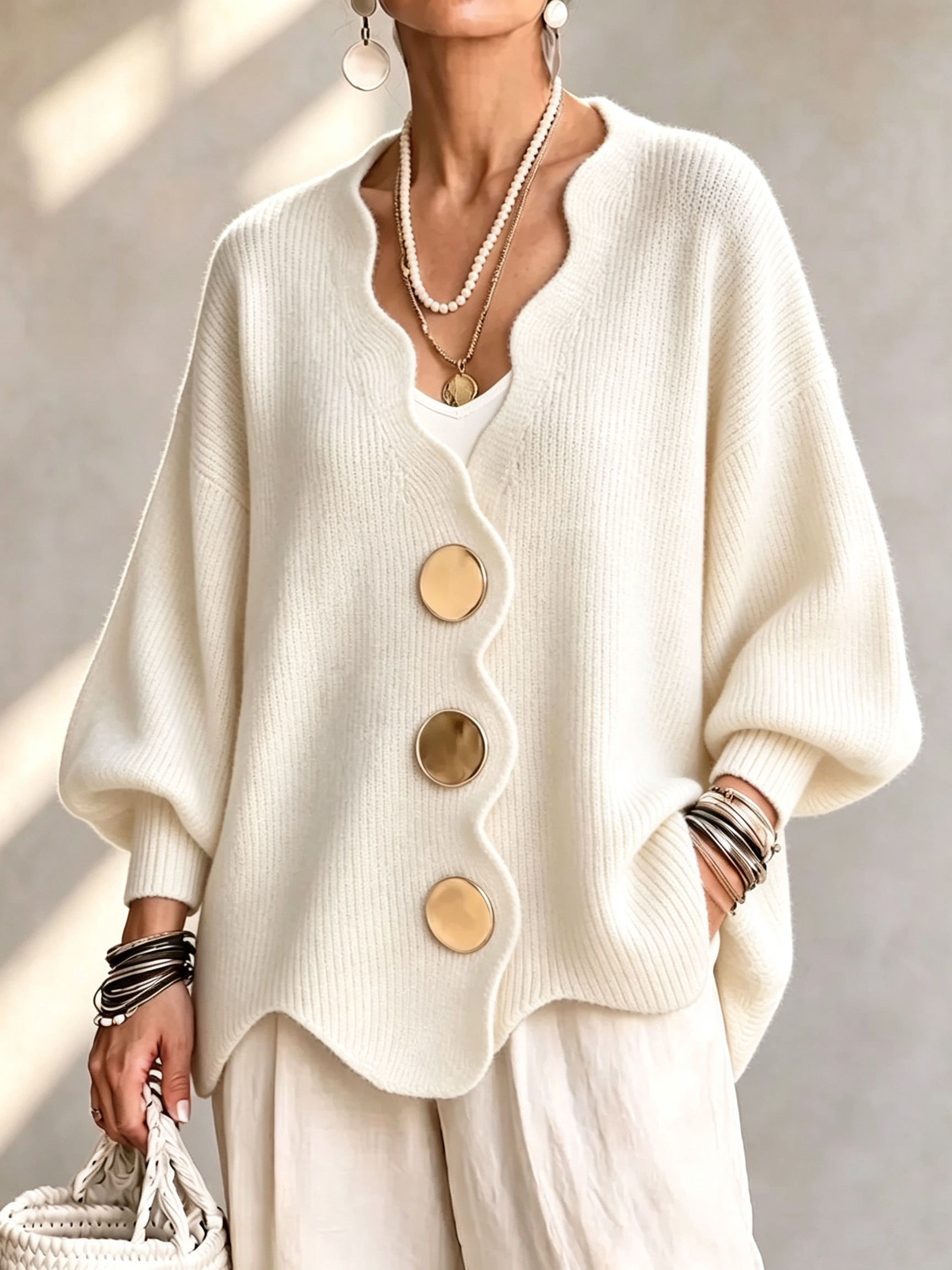 Relaxed Royal Blue Scalloped V-Neck Cardigan