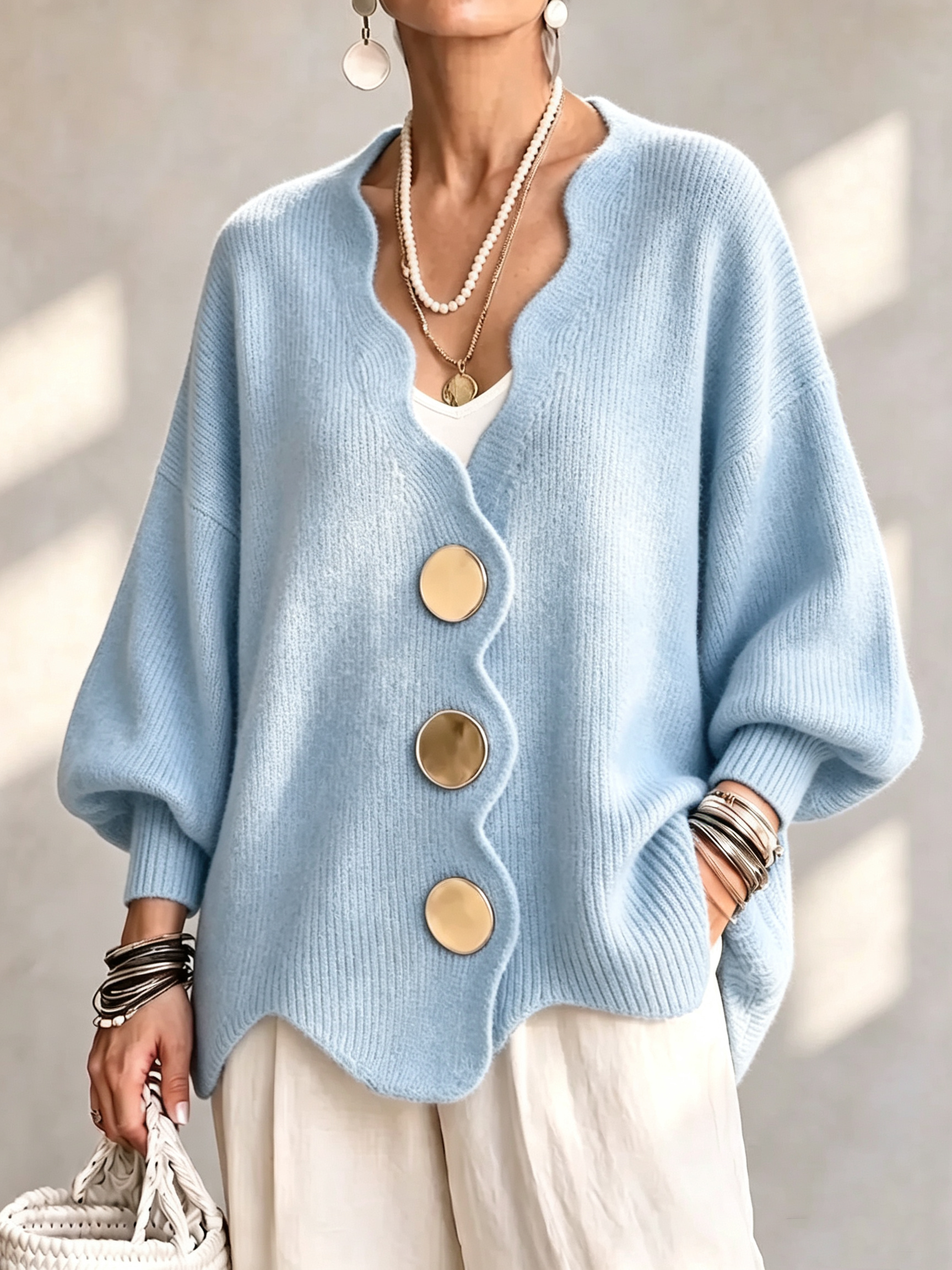 Relaxed Royal Blue Scalloped V-Neck Cardigan