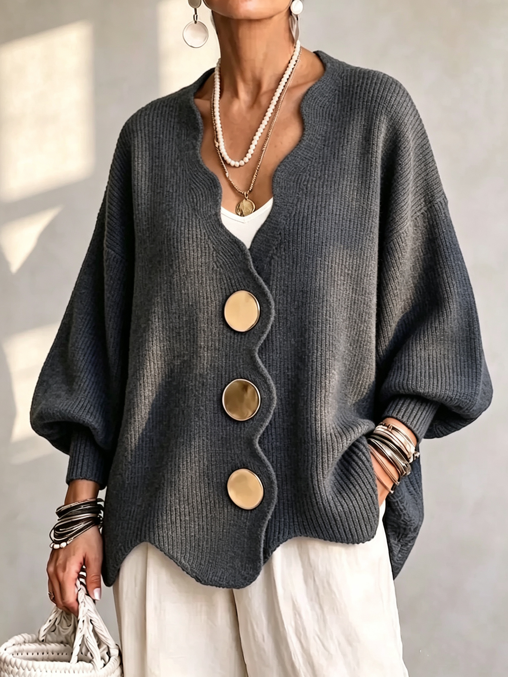Relaxed Royal Blue Scalloped V-Neck Cardigan