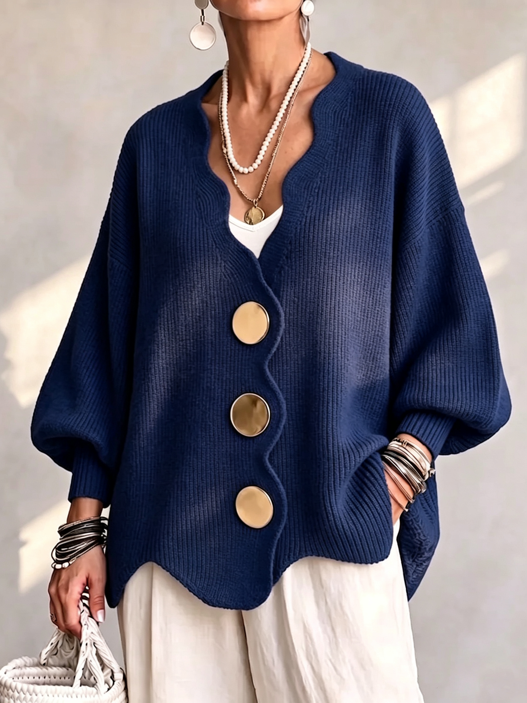 Relaxed Royal Blue Scalloped V-Neck Cardigan