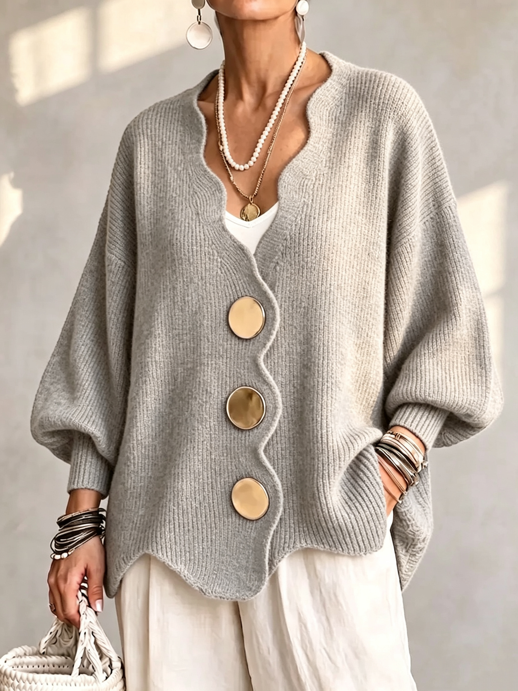 Relaxed Royal Blue Scalloped V-Neck Cardigan
