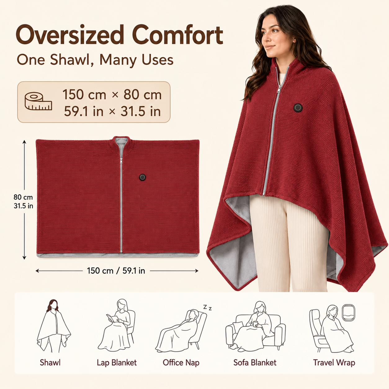 8-Zone Wearable Heated Blanket – Cozy Shawl with 3 Heat Levels & USB Power
