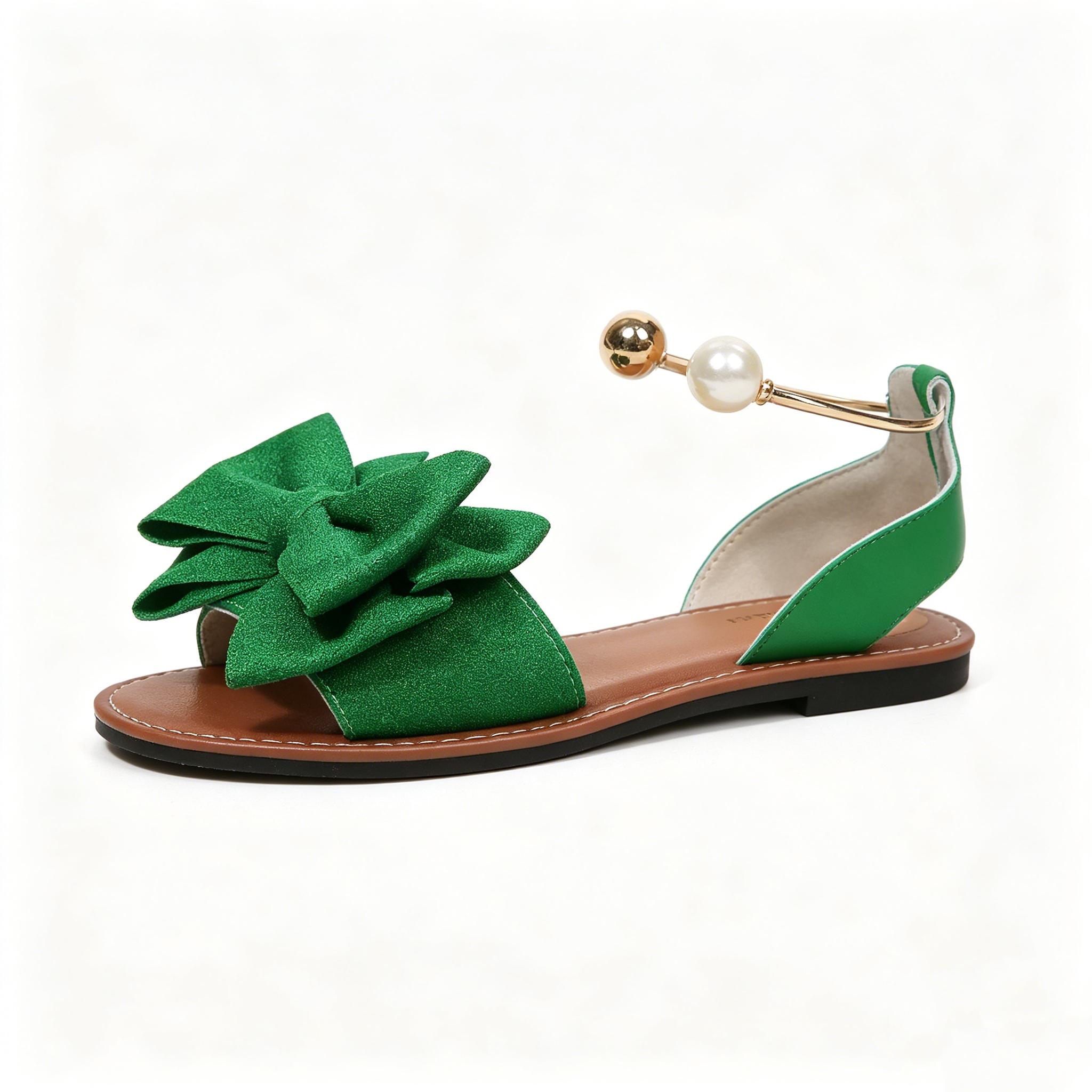 🔥LAST DAY 60% OFF🔥Women's Summer New Style Metal Buckle Single-Strap Flat Sandals with Bowknot and Pearl Versatile Casual Beach Sandals