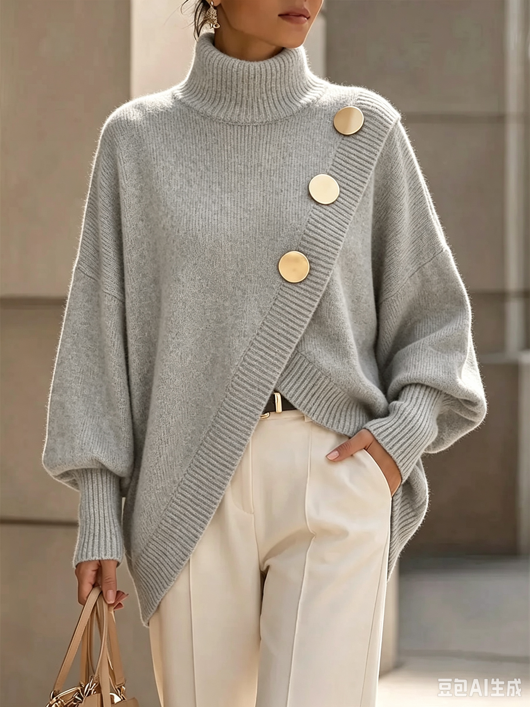 Elegant Asymmetrical Gold-Button Knit Sweater