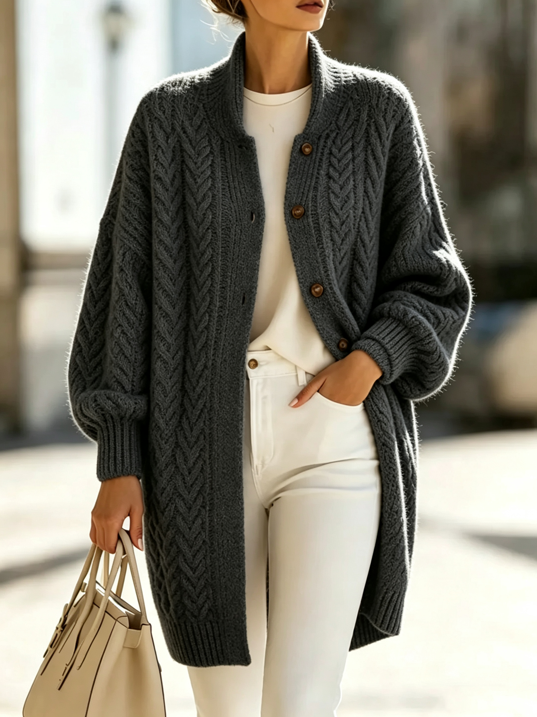 Chic Cozy Oversized Cable-knit Wool Blend Cardigan