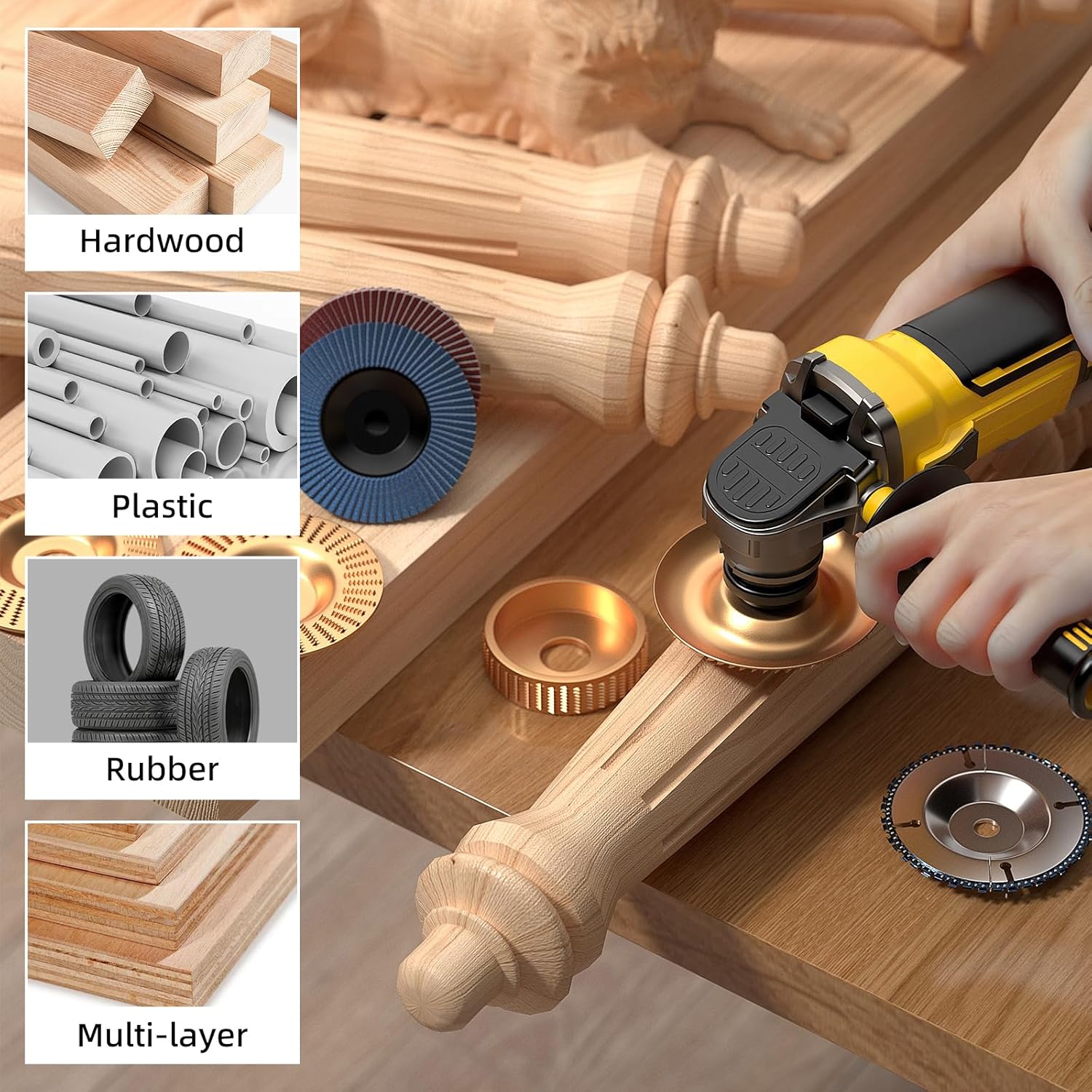 11PCS Wood Carving Disc Set for 4" or 4 1/2" Angle Grinder, Stump Tool Grinding Wheel Disc with 5/8" Adapter Ring, Woodworking Grinder Attachment for Cutting Shaping Carving Sanding Polishing disco decorte