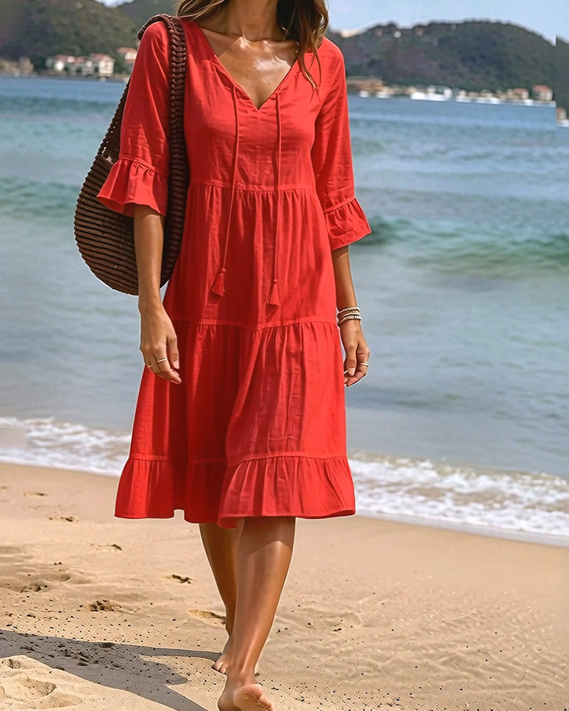 Flared Half Sleeve Tie Waist Dress