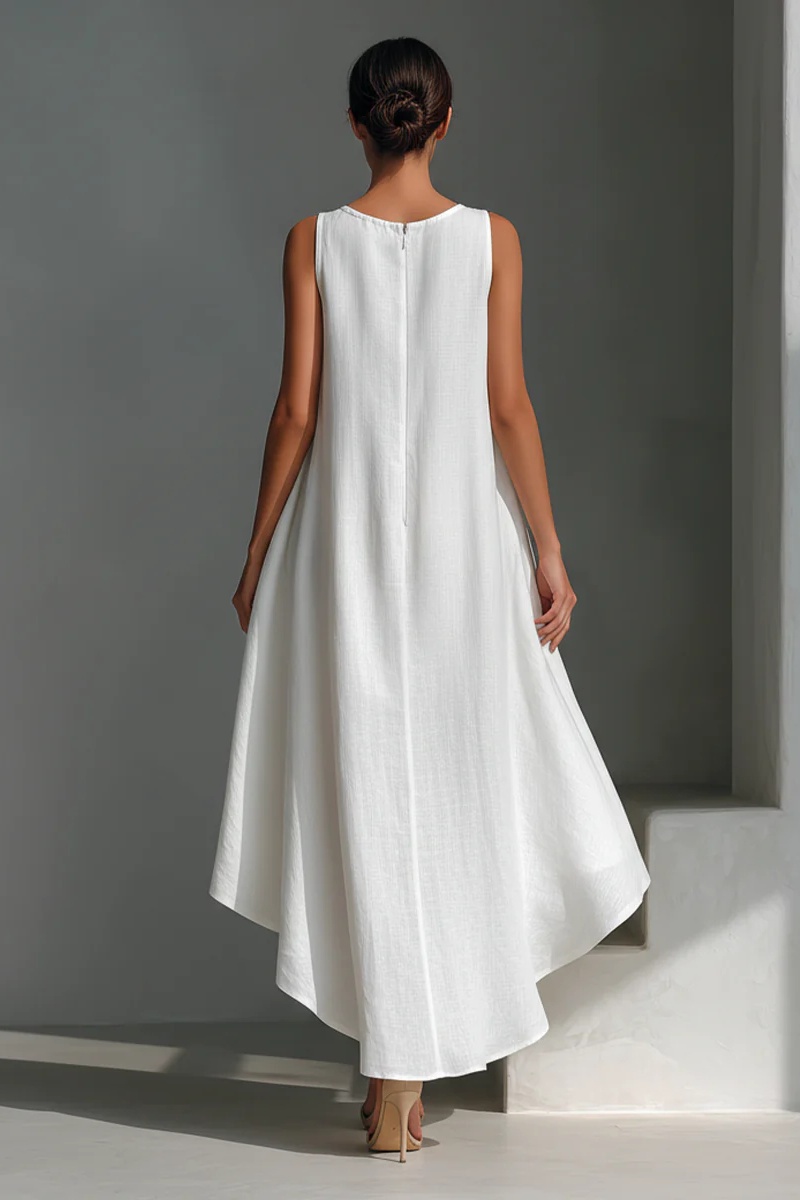 Women's White Linen Fabric Sleeveless Midi Dress With Round Neck & Asymmetric Hem