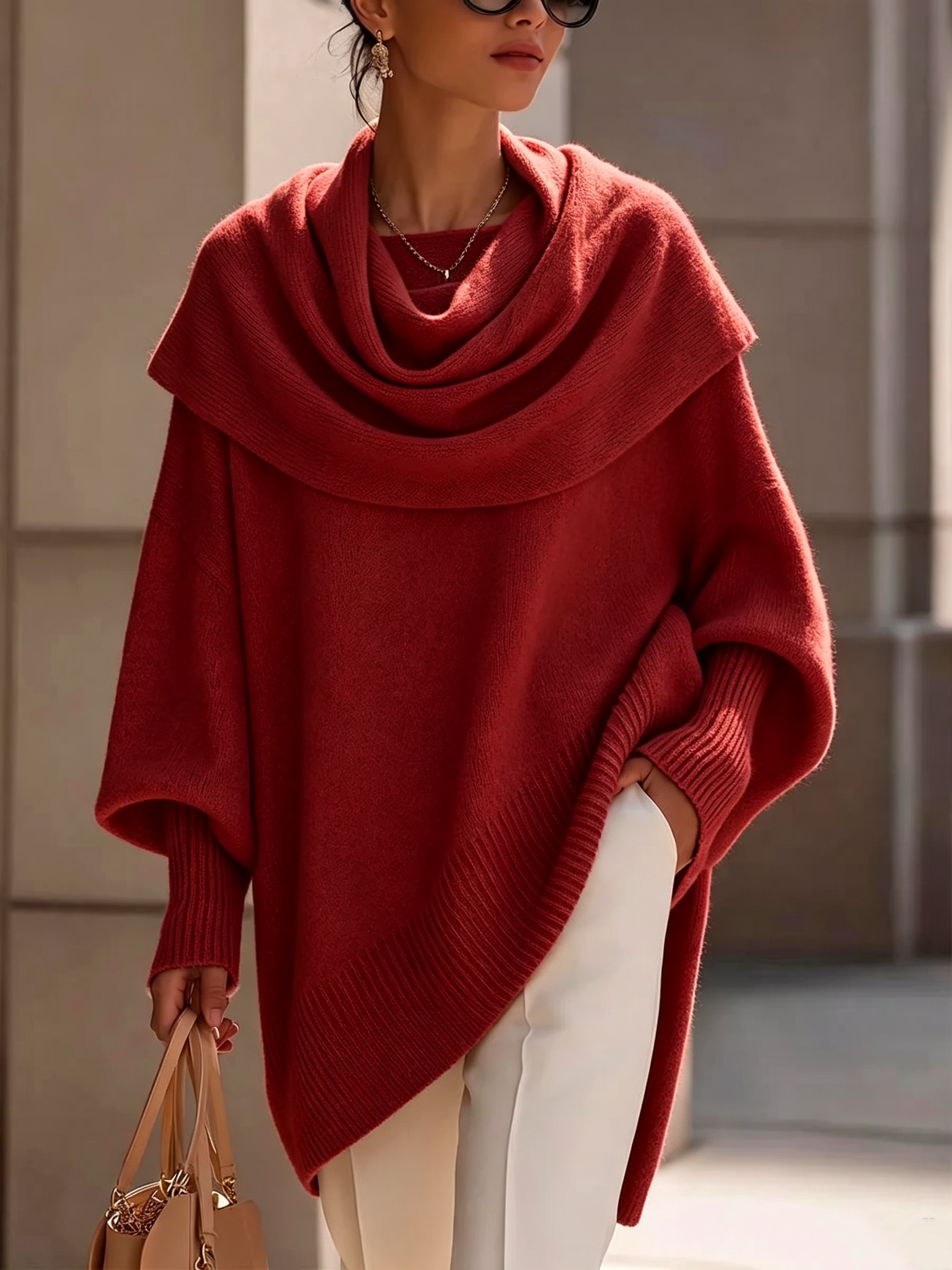 Women's solid color turtleneck long-sleeved casual loose knit pullover