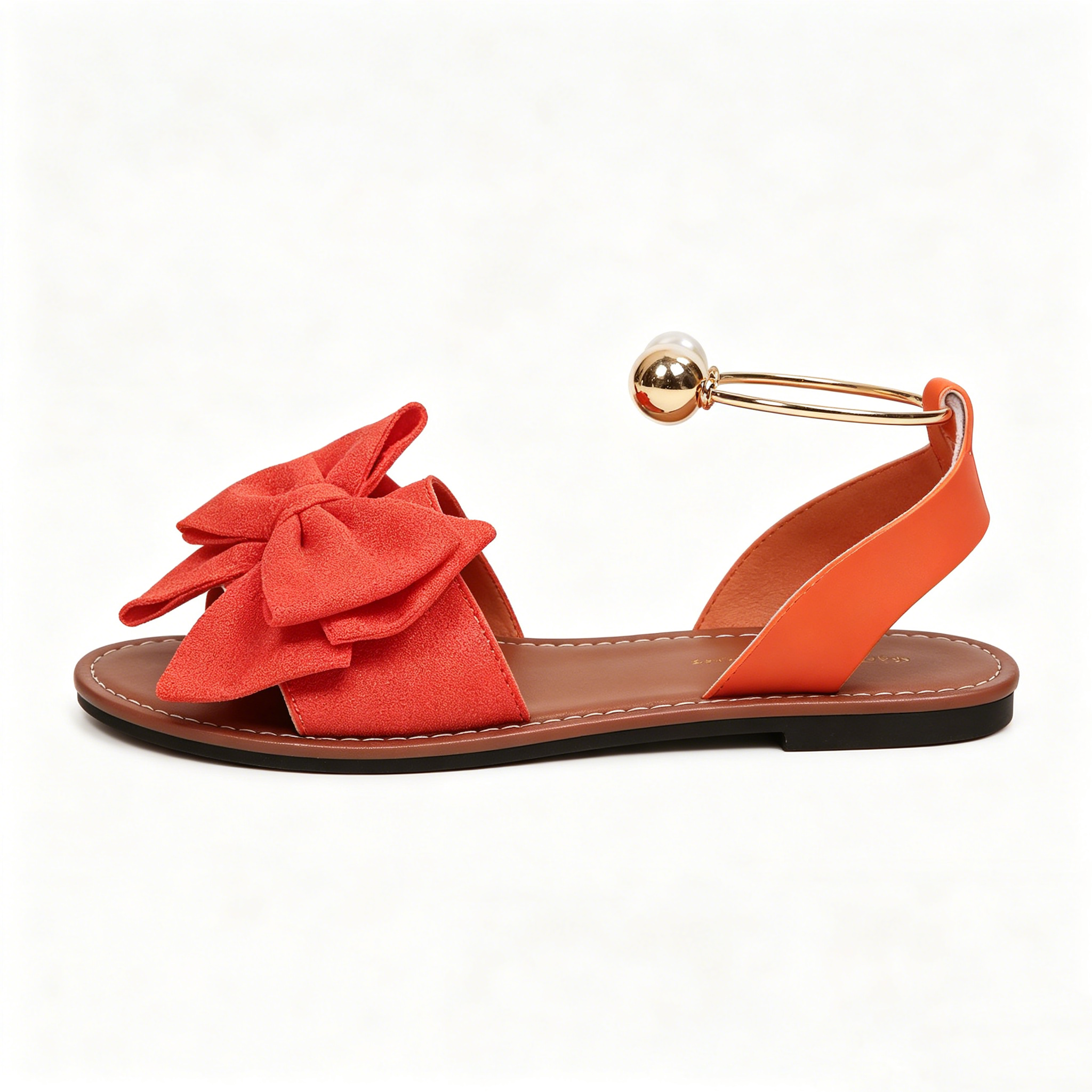 🔥LAST DAY 60% OFF🔥Women's Summer New Style Metal Buckle Single-Strap Flat Sandals with Bowknot and Pearl Versatile Casual Beach Sandals