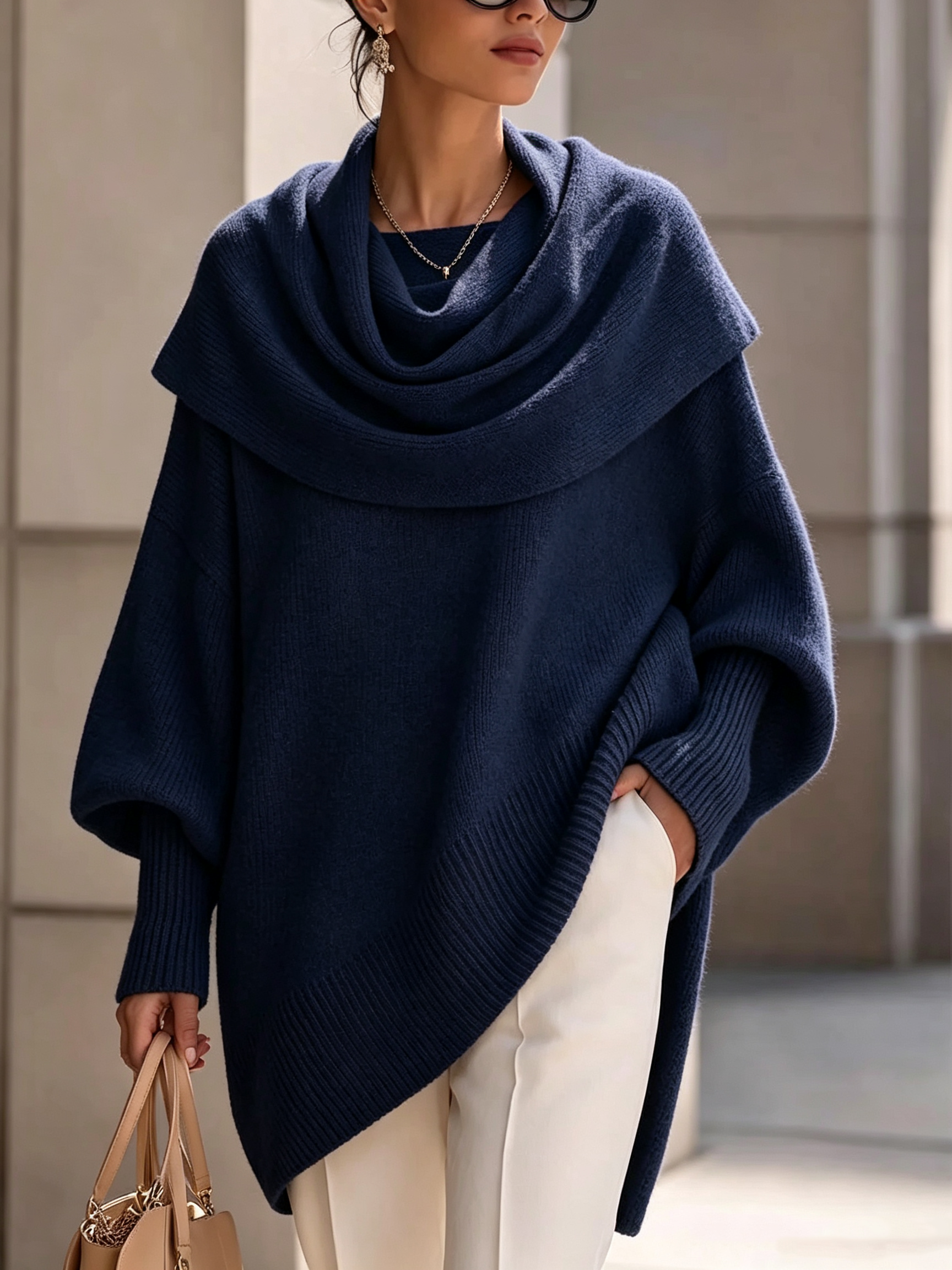 Women's solid color turtleneck long-sleeved casual loose knit pullover