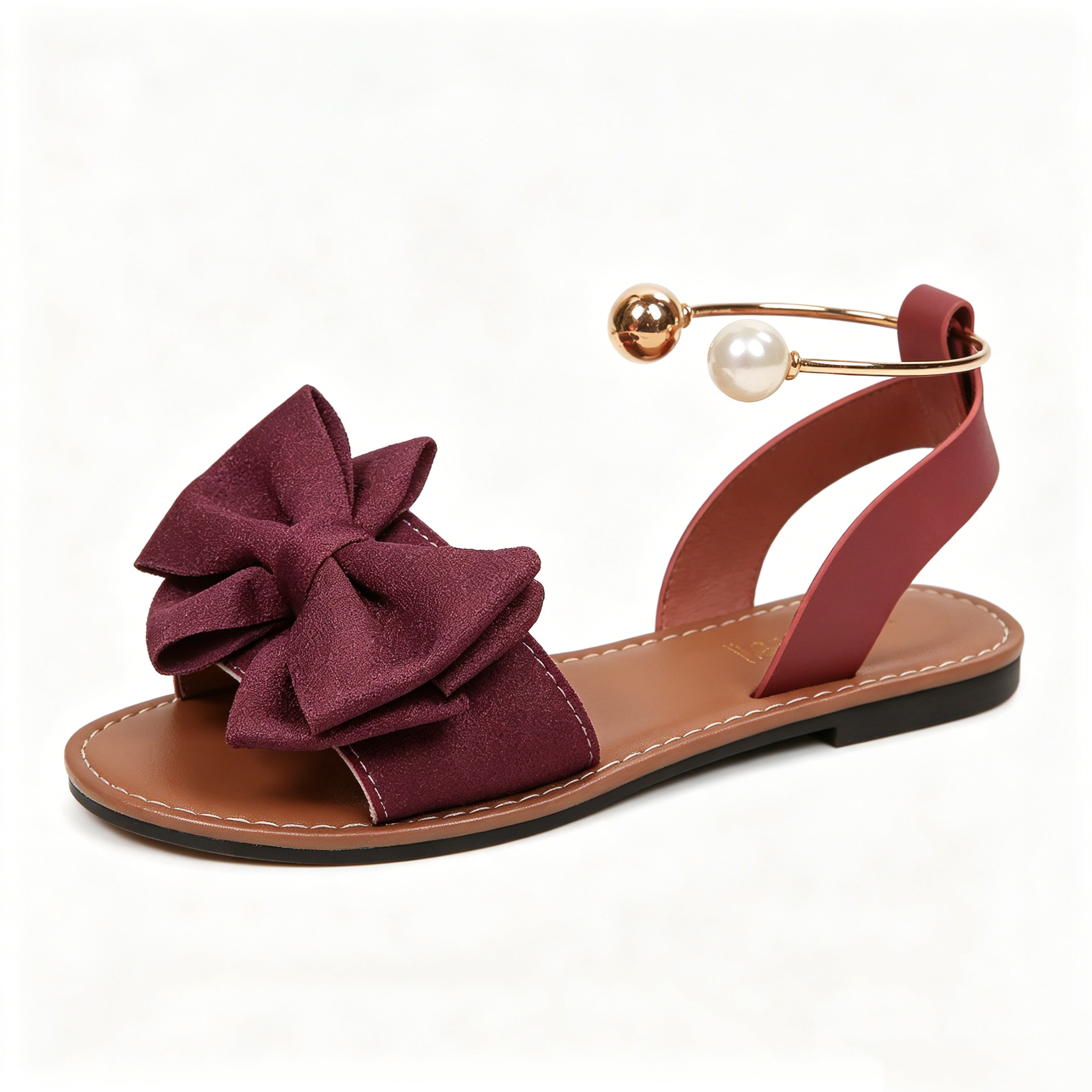 🔥LAST DAY 60% OFF🔥Women's Summer New Style Metal Buckle Single-Strap Flat Sandals with Bowknot and Pearl Versatile Casual Beach Sandals