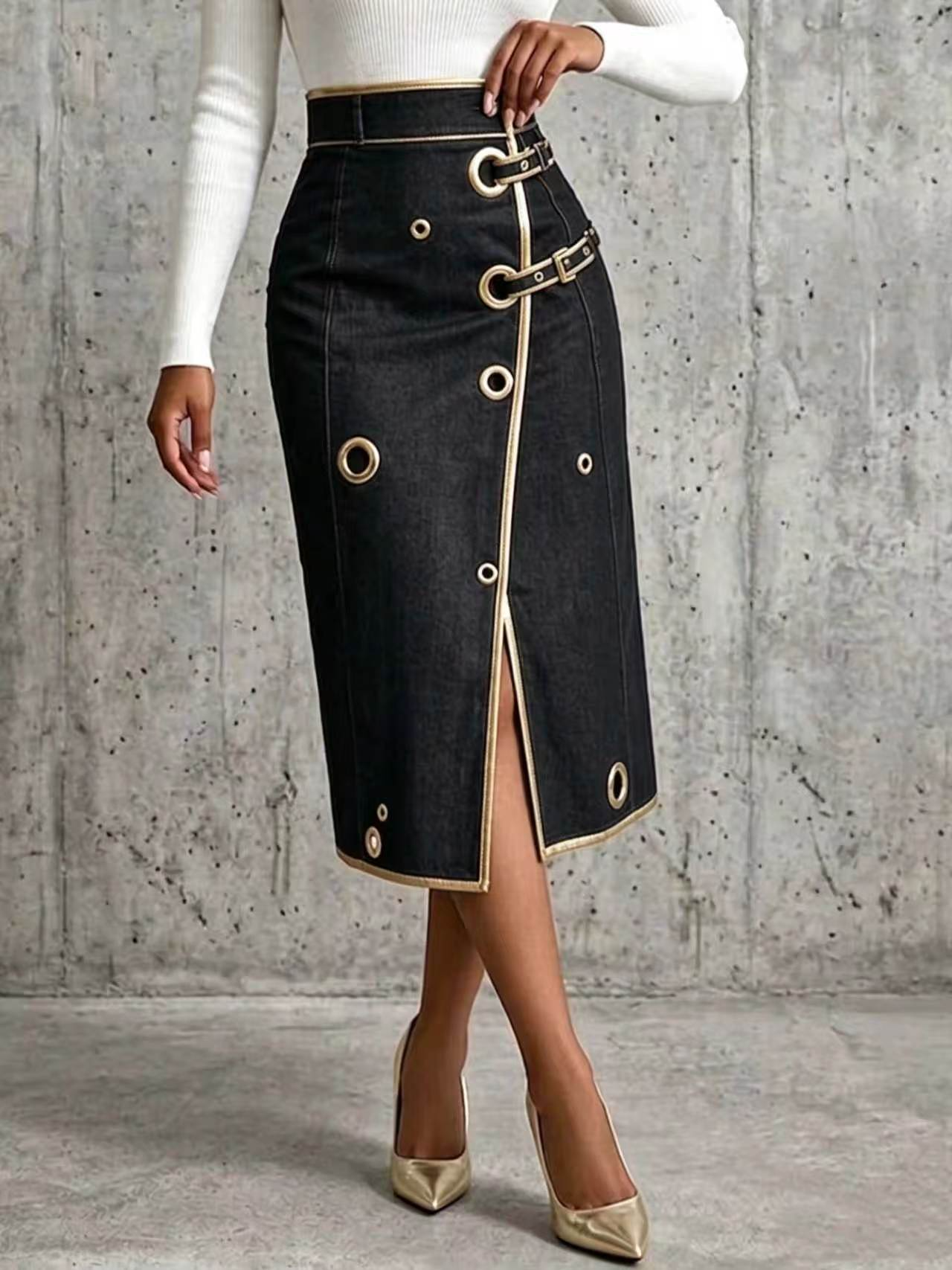 Chic And Refined Denim Midi Skirt With Gold Piping.
