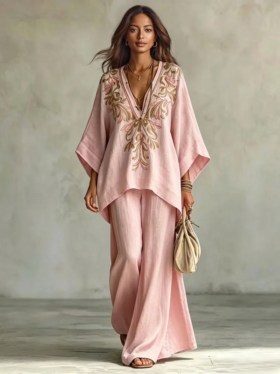 Casual Embroidered V-Neck Batwing Sleeve Shirt Two-Piece Set