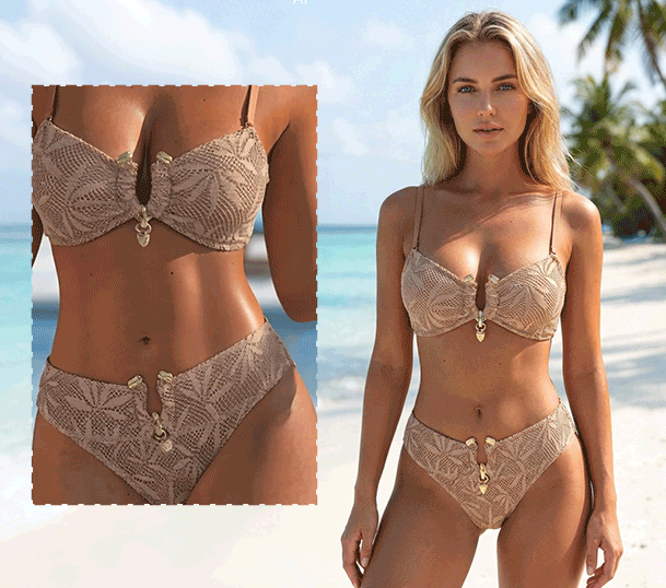 Metal Ring Lace Cut-Out Solid Color Bikini