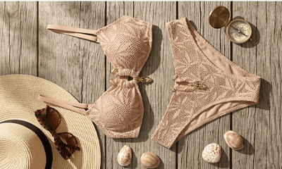 Metal Ring Lace Cut-Out Solid Color Bikini