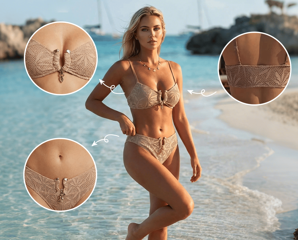 Metal Ring Lace Cut-Out Solid Color Bikini