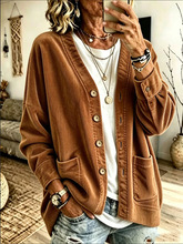 Corduroy V-neck Loose-fit Drop-shoulder Single-breasted Cardigan With Dual Pockets