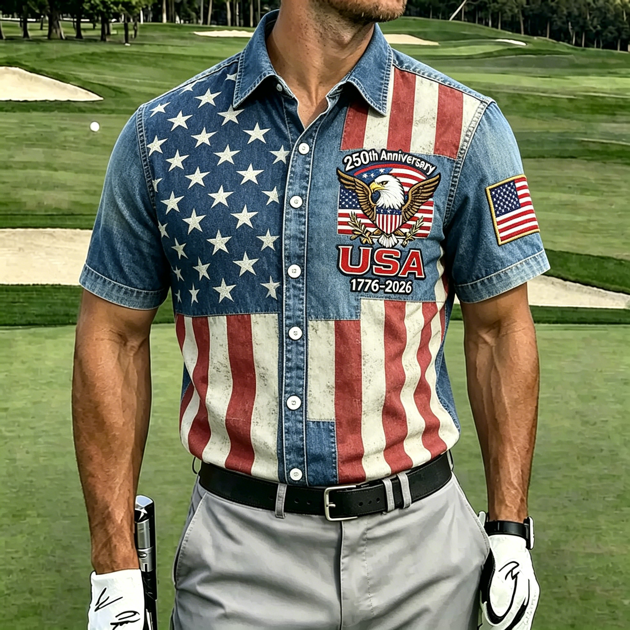 USA 250th Anniversary Denim Button-Down Shirt – Vintage American Flag & Eagle Print, Patriotic Short Sleeve Casual Top