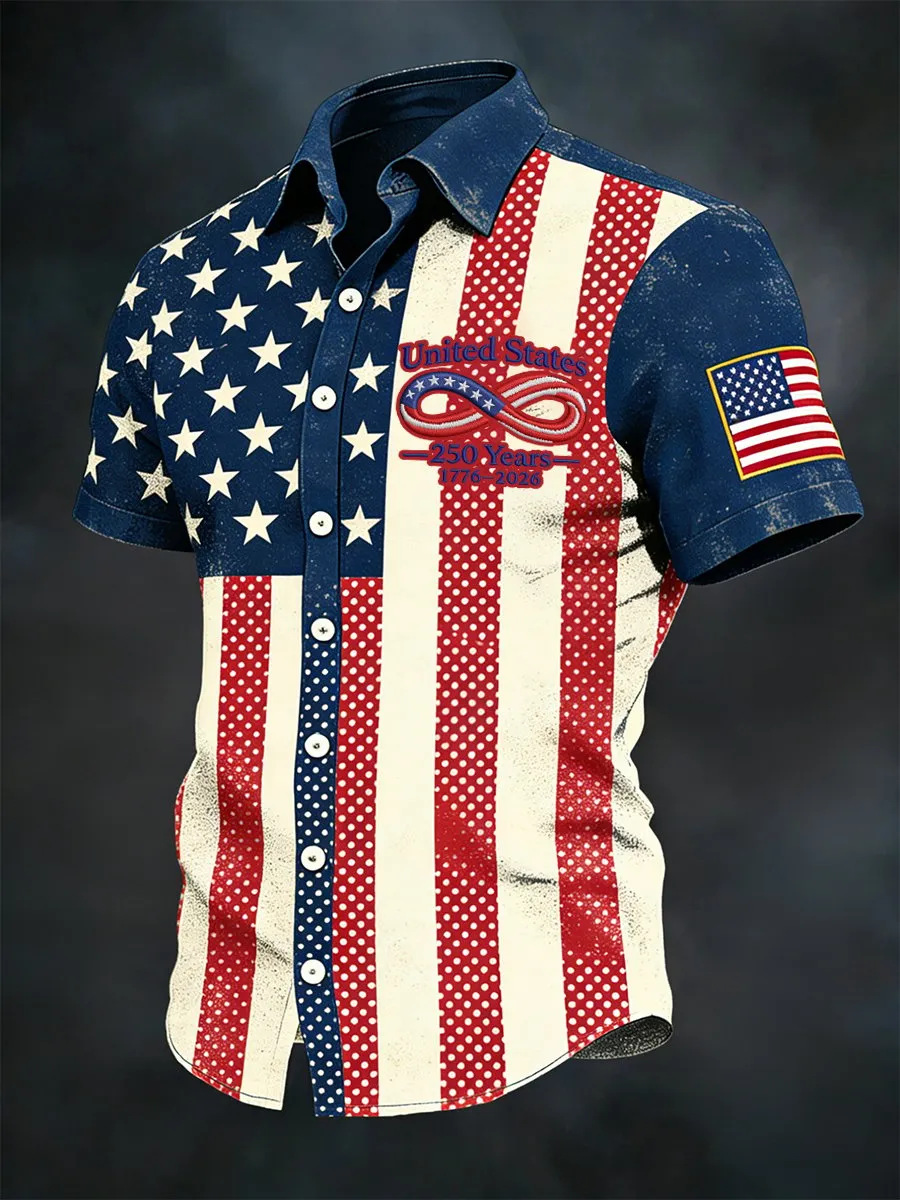USA 250th Anniversary Denim Button-Down Shirt – Vintage American Flag & Eagle Print, Patriotic Short Sleeve Casual Top