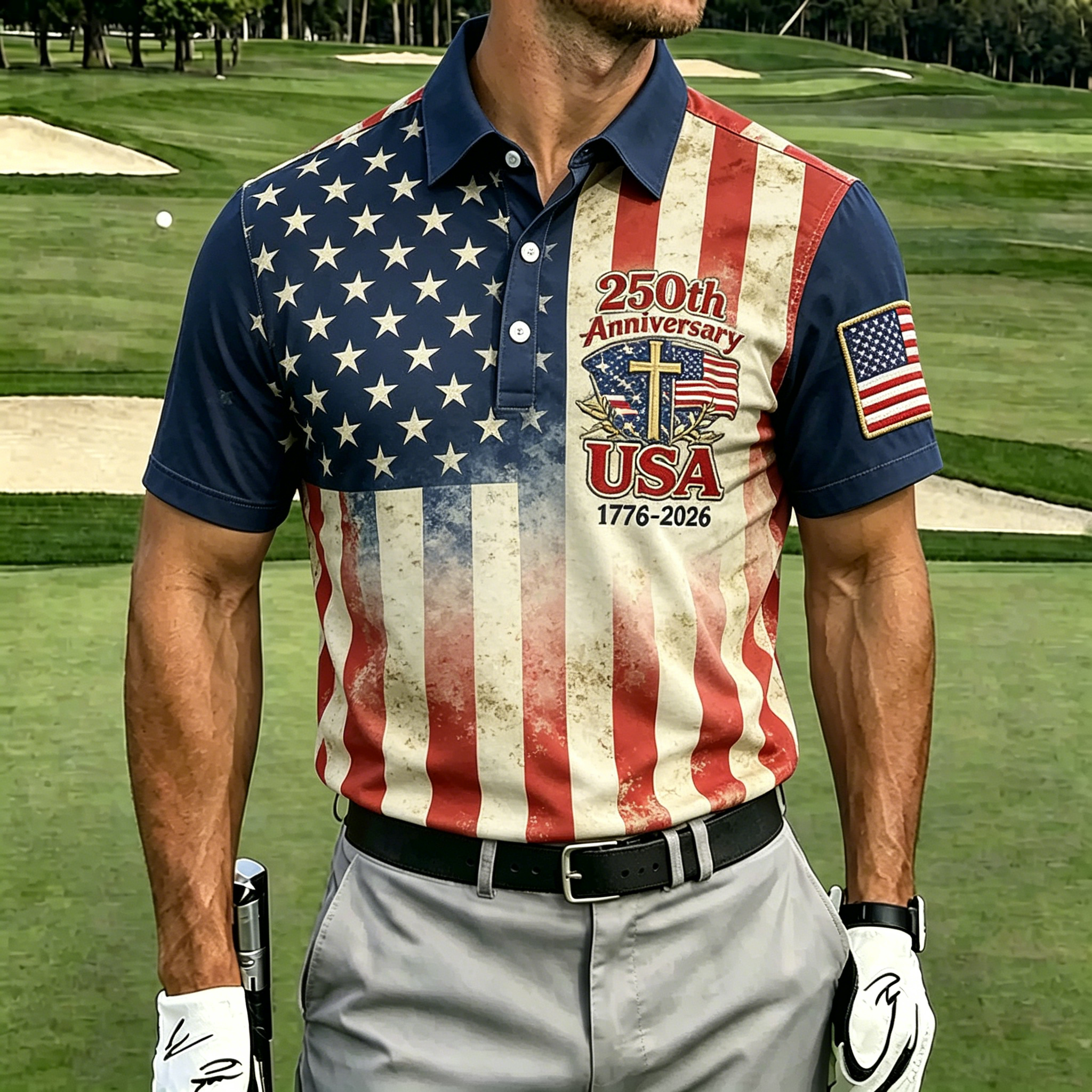 USA 250th Anniversary Denim Button-Down Shirt – Vintage American Flag & Eagle Print, Patriotic Short Sleeve Casual Top
