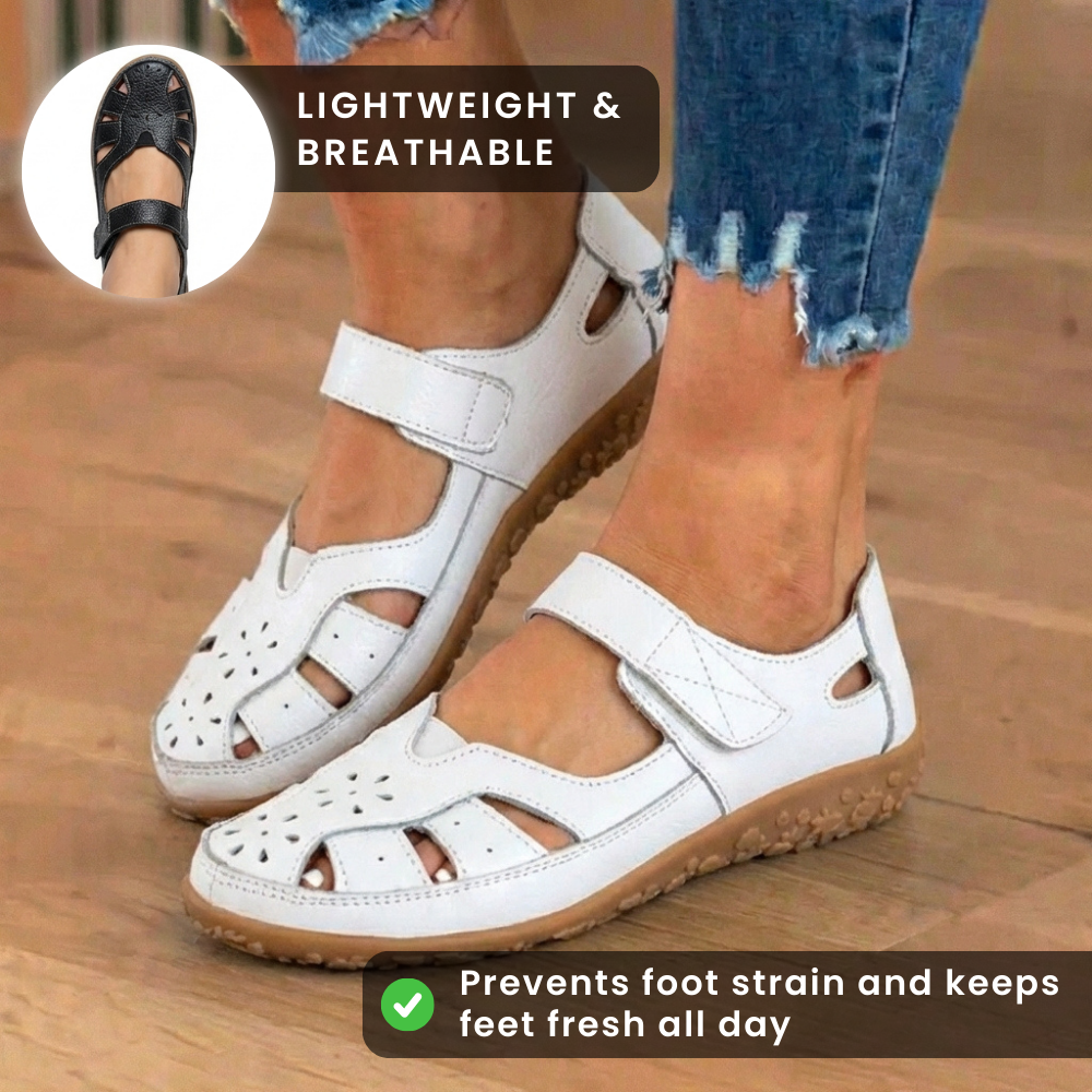 Orthopedic Leather Mary Jane Sandals - Perforated Design & Grip Sole