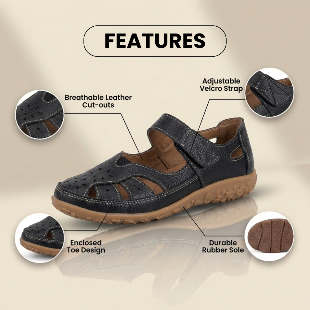 Orthopedic Leather Mary Jane Sandals - Perforated Design & Grip Sole