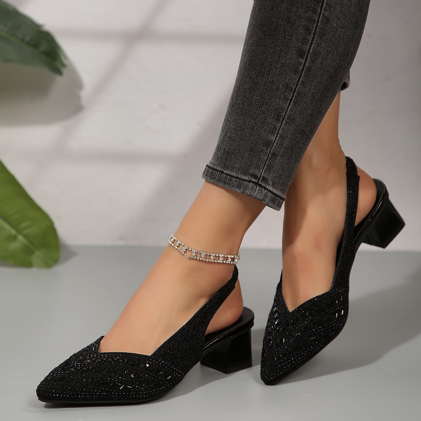 Women'S Elegant Rhinestone Slip On Heel Sandals