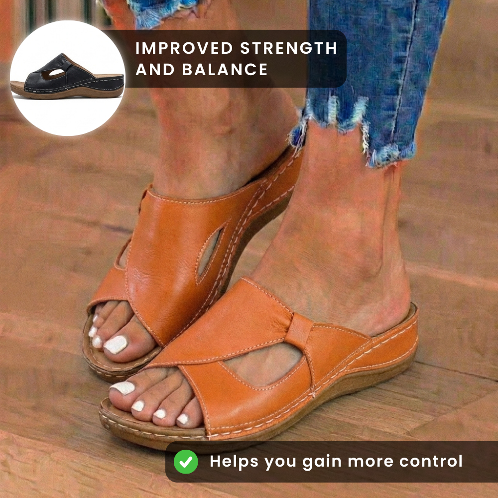 Orthopedic Leather Crossover Slide Sandals - Contrast Stitching Detail