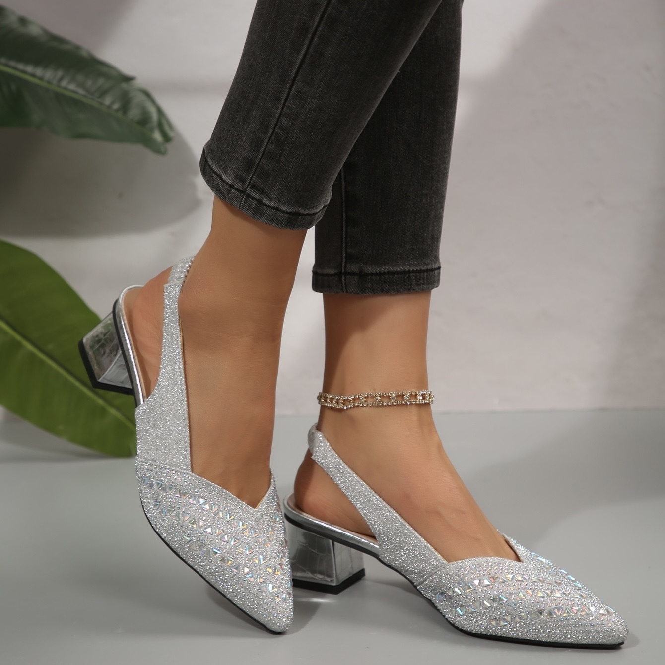 Women'S Elegant Rhinestone Slip On Heel Sandals