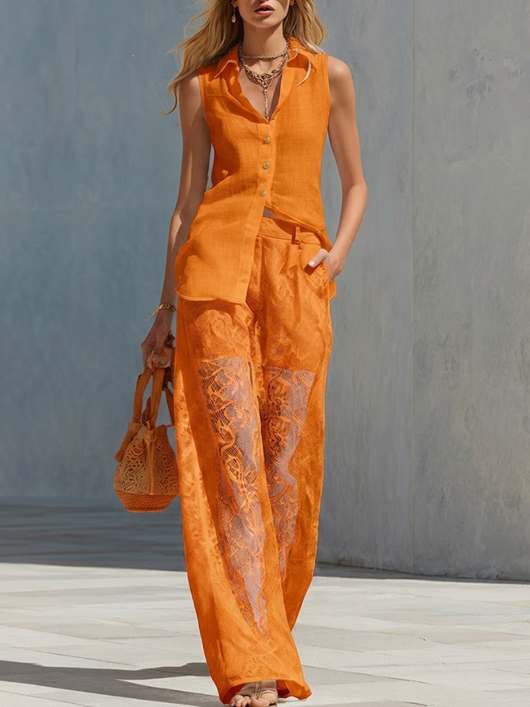 Casual-chic Linen And Cotton Sleeveless Shirt And Lined Lace Pants Two-piece Set