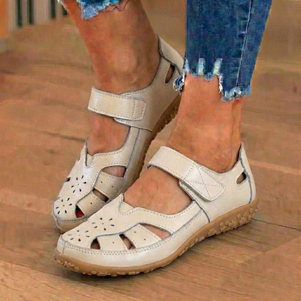 Orthopedic Leather Mary Jane Sandals - Perforated Design & Grip Sole