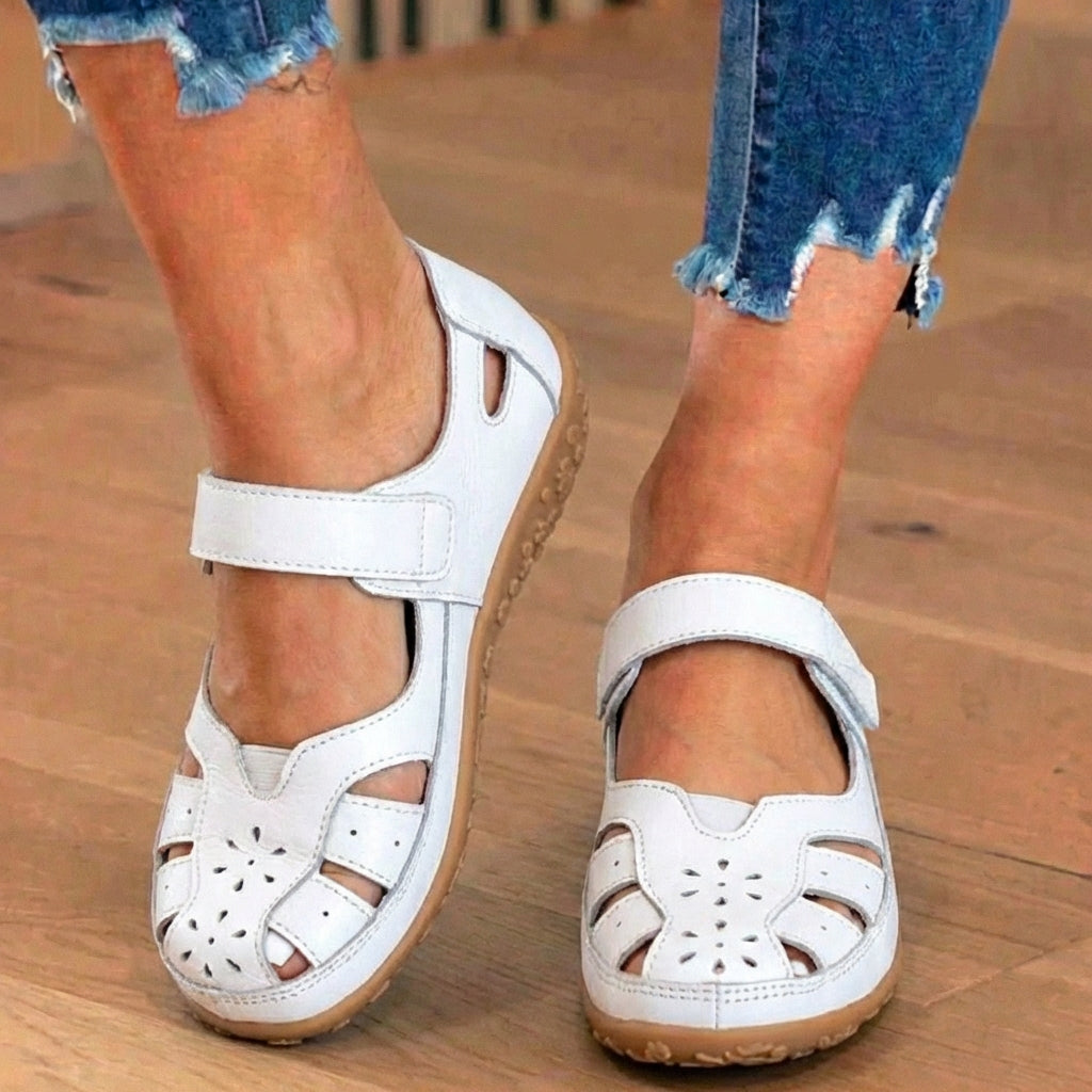 Orthopedic Leather Mary Jane Sandals - Perforated Design & Grip Sole