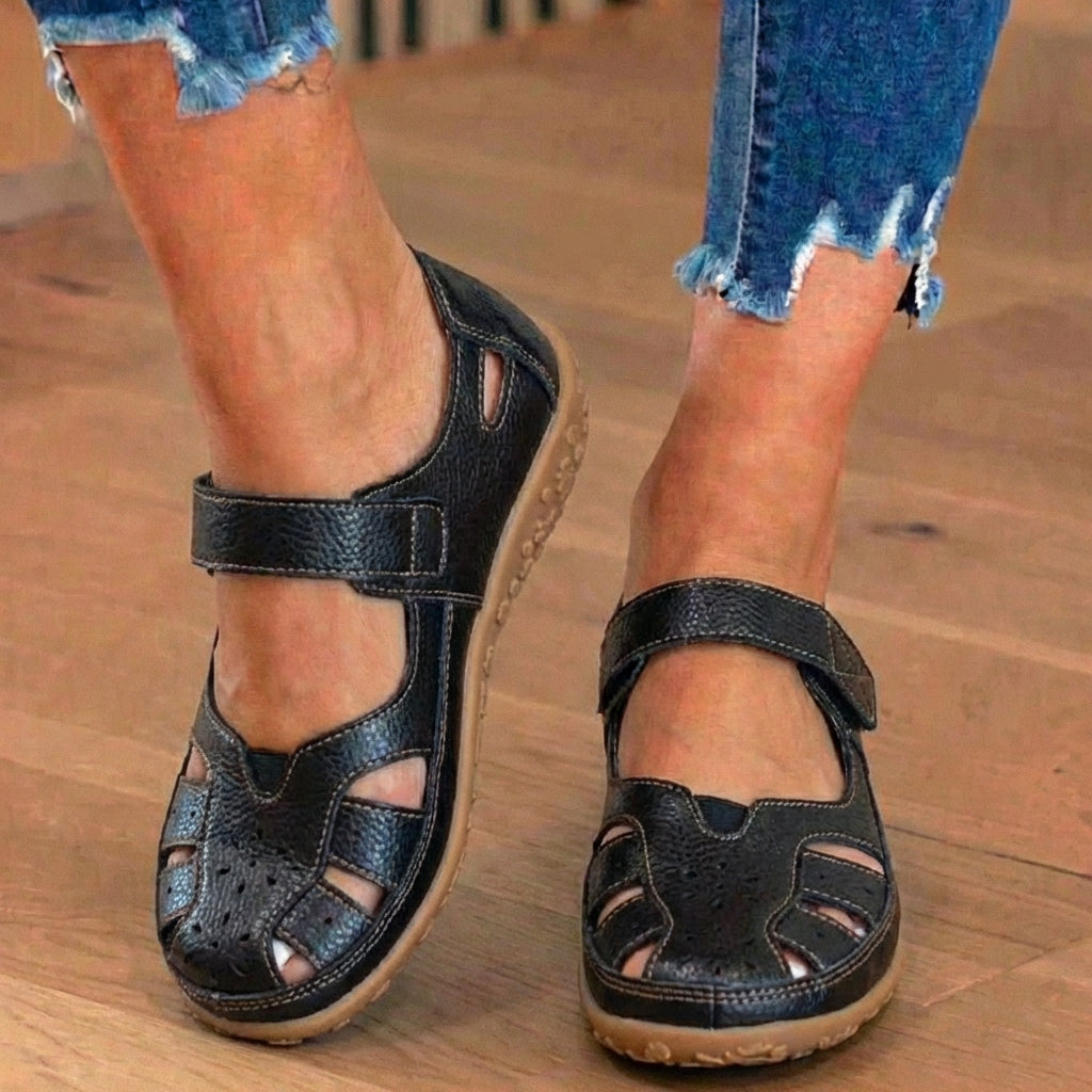 Orthopedic Leather Mary Jane Sandals - Perforated Design & Grip Sole
