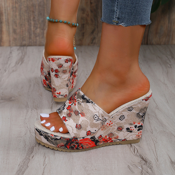 😍Last Day 50% OFF😍-Women's Vintage Floral Print Peep Toe Wedge Slingback Sandals-tidenox