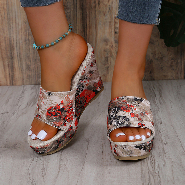 😍Last Day 50% OFF😍-Women's Vintage Floral Print Peep Toe Wedge Slingback Sandals-tidenox
