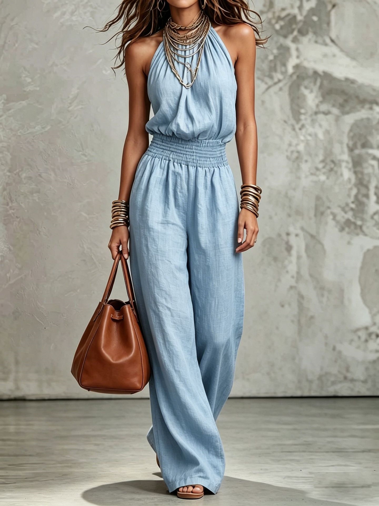 Tan Cotton Linen Halter Neck Smocked Waist Wide Leg Jumpsuit