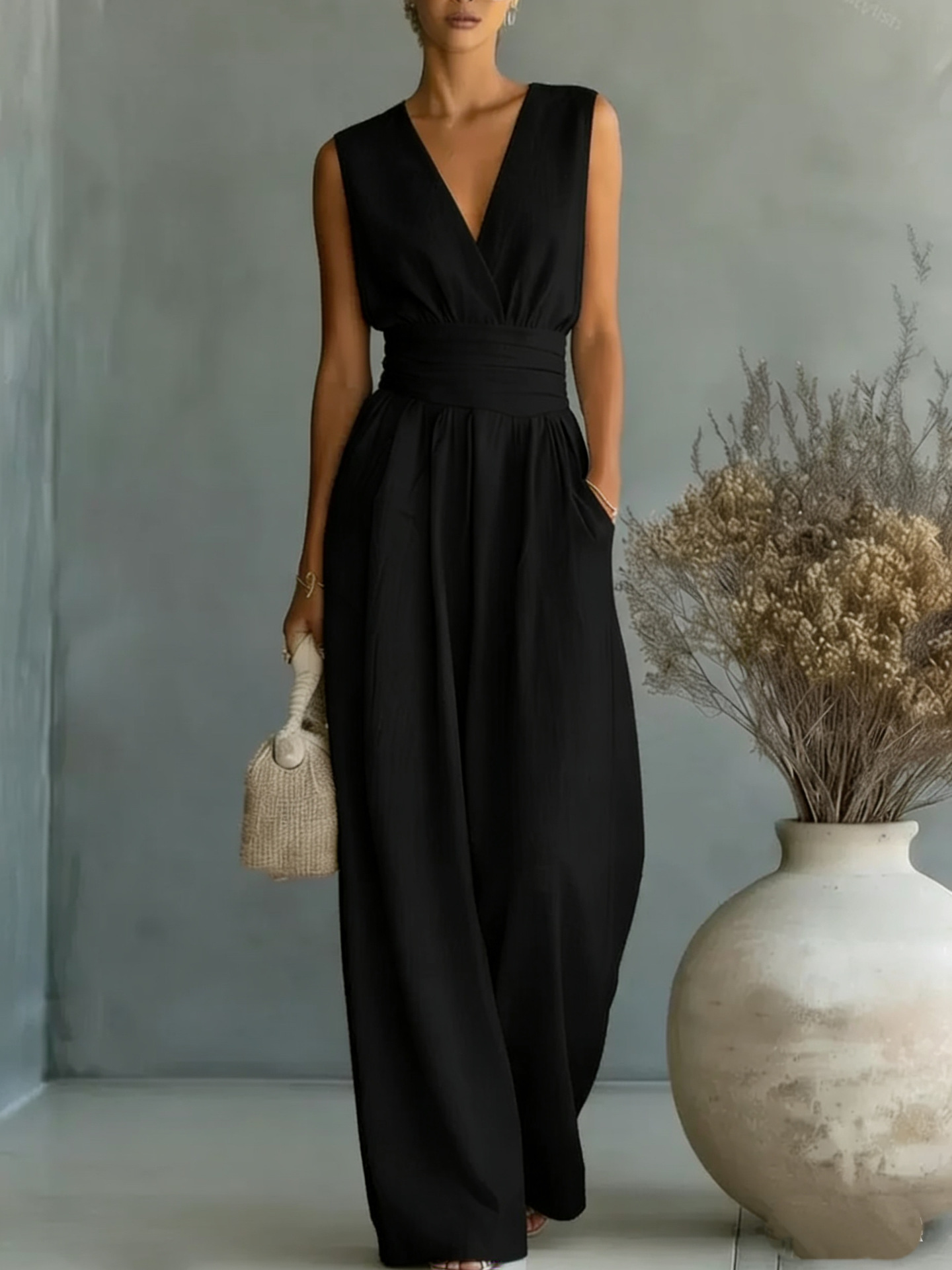 Elegant Vacation Casual Fashion V-neck Waist Jumpsuit