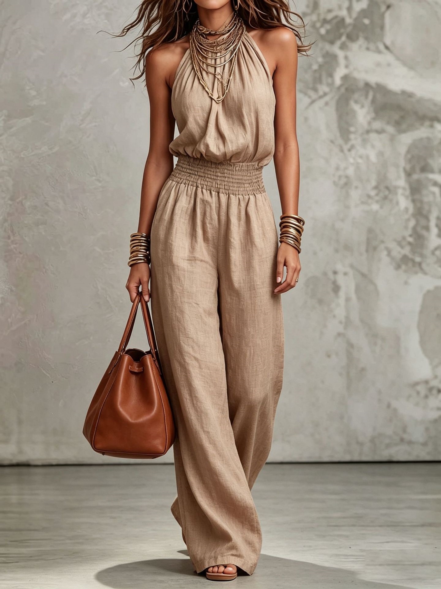 Tan Cotton Linen Halter Neck Smocked Waist Wide Leg Jumpsuit