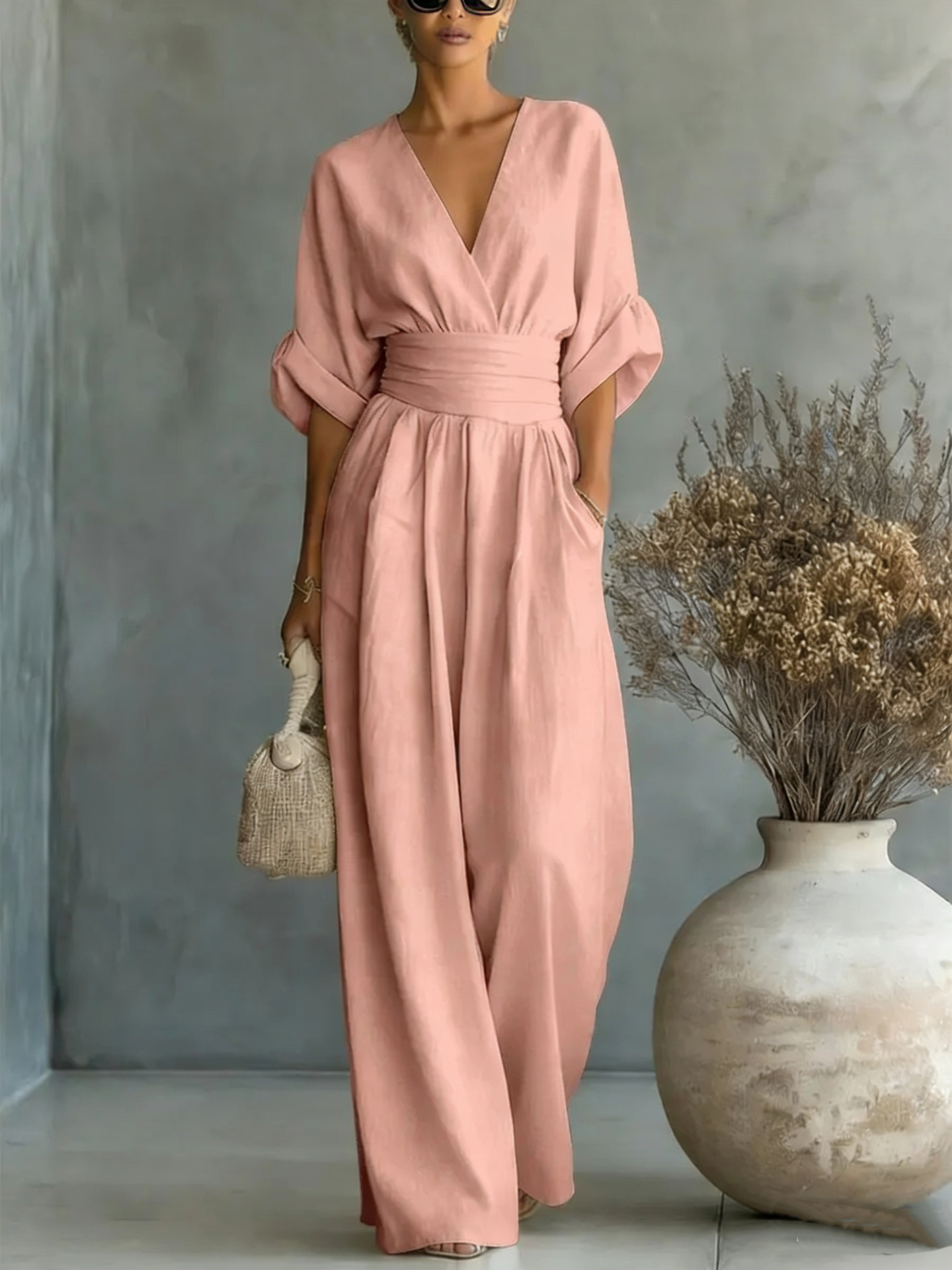 Elegant Vacation Casual Fashion V-neck Waist Jumpsuit